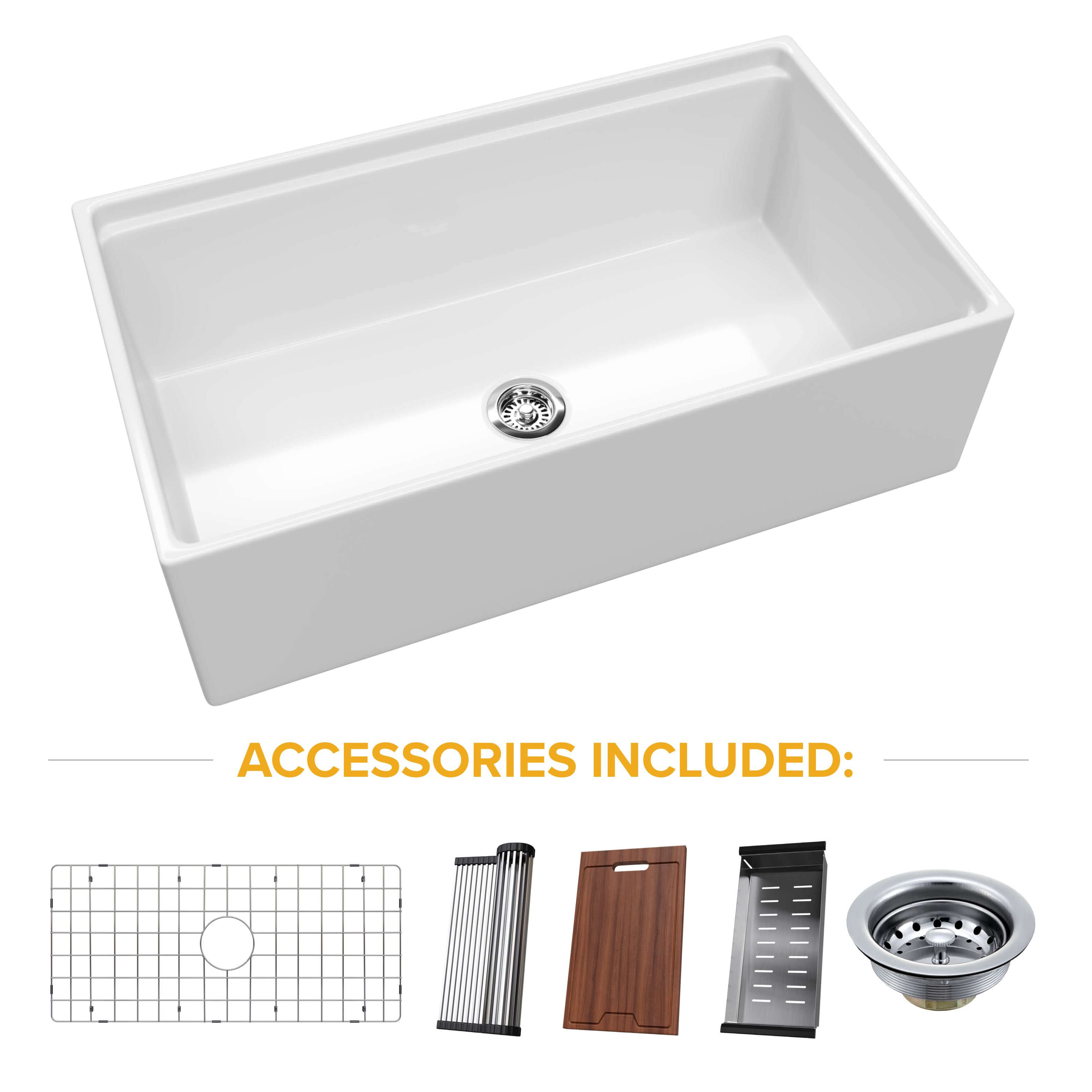 33-Inch Crestwood Gloss White Fireclay Kitchen Sink, Modern Wurkstation Farmhouse Flat Apron-Front Single Bowl, CW-MOD-33WURK