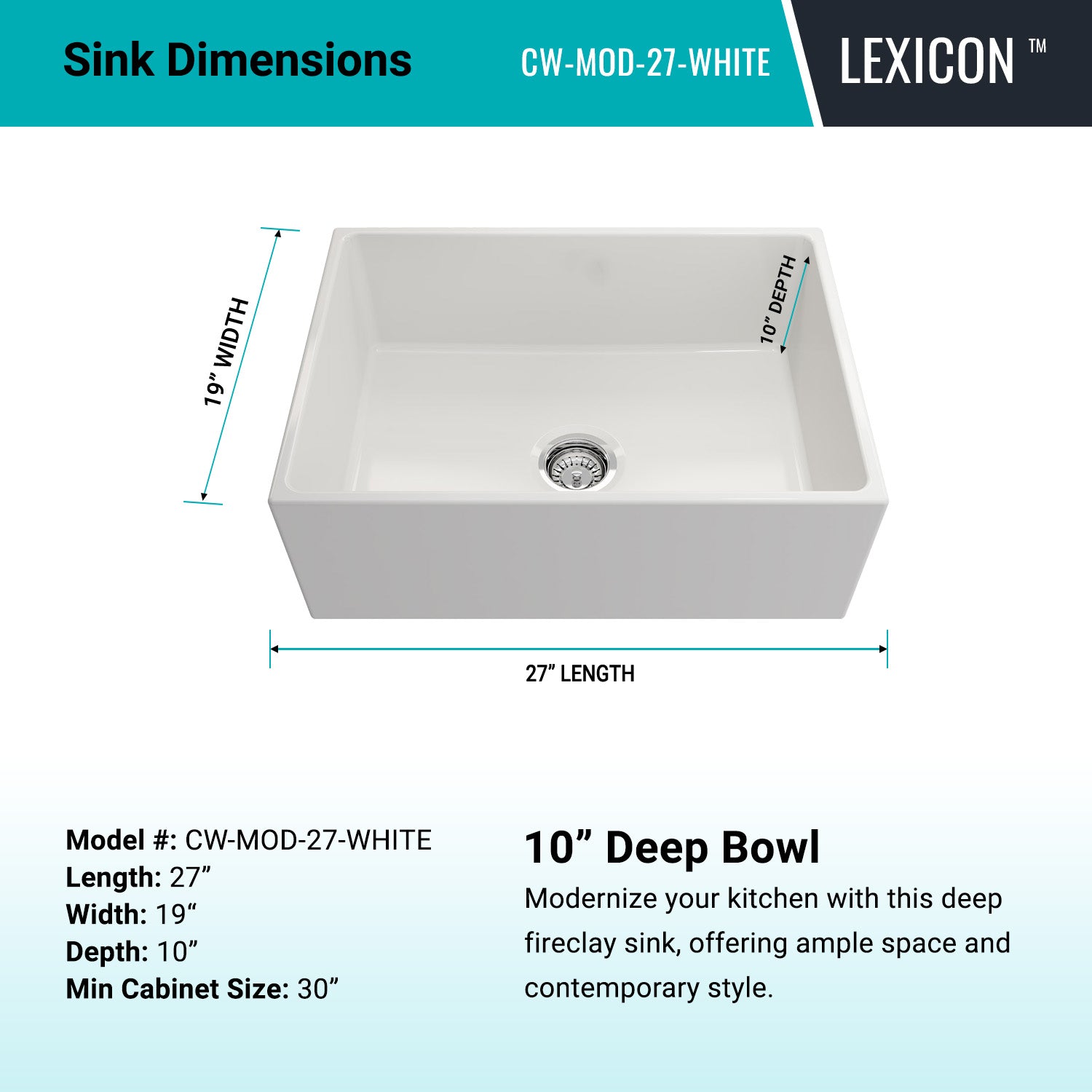 27-Inch Crestwood™ Gloss White Fireclay Kitchen Sink Modern Farmhouse Flat Apron-Front Single Bowl Basin, CW-MOD-27