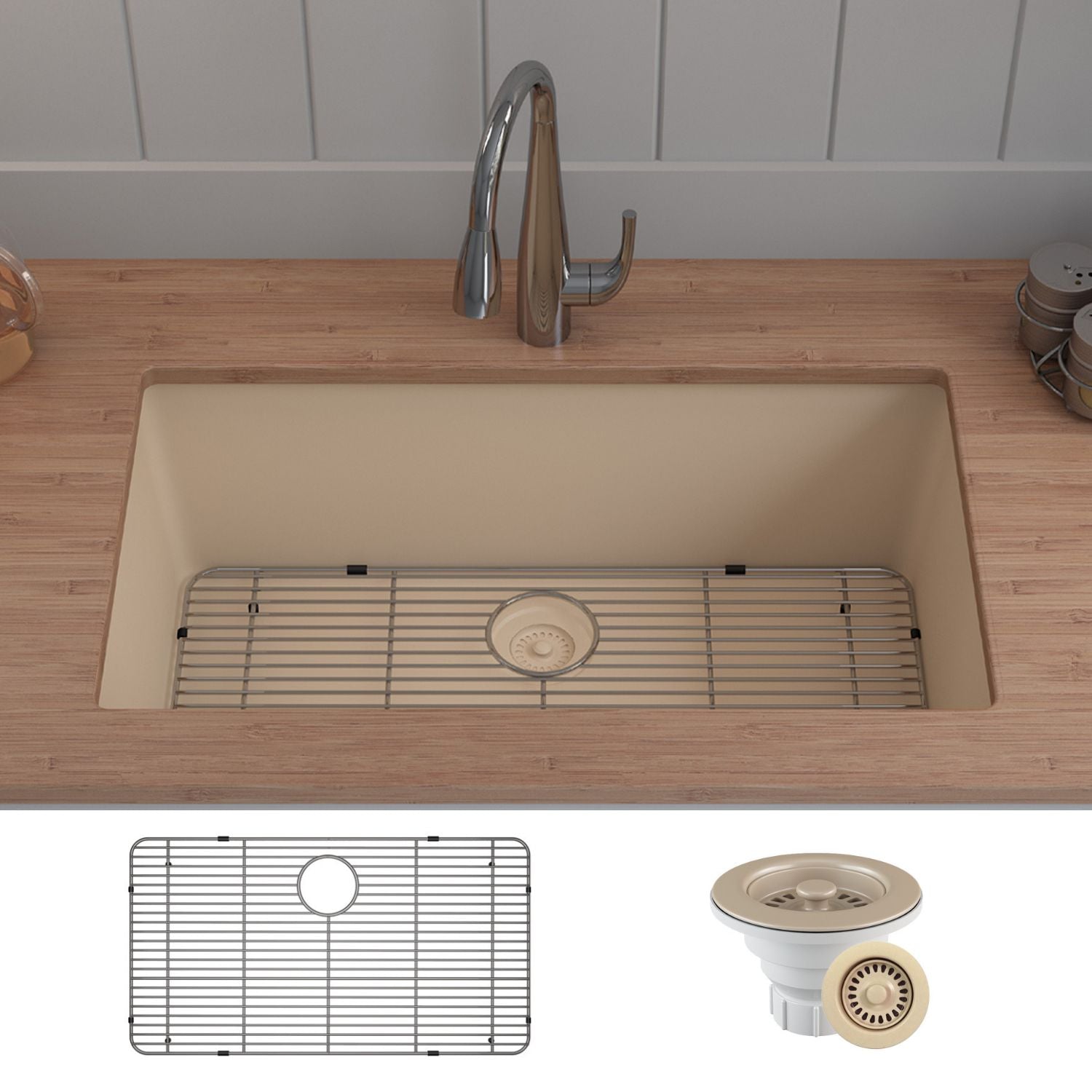 32-Inch Platinum Quartz Composite Drop-in Undermount Single Bowl Beige Kitchen Sink includes Accessories LP-1000-B