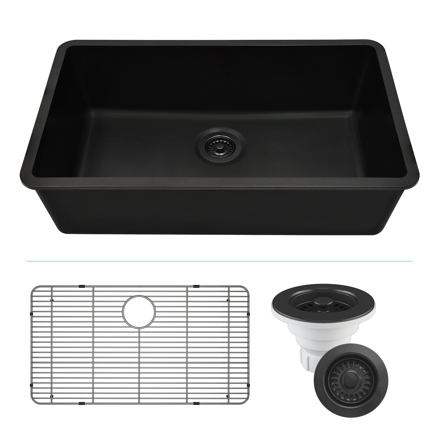 32-Inch Platinum Quartz Composite Drop-in Undermount Single Bowl Metallic Black Kitchen Sink includes Accessories LP-1000-K