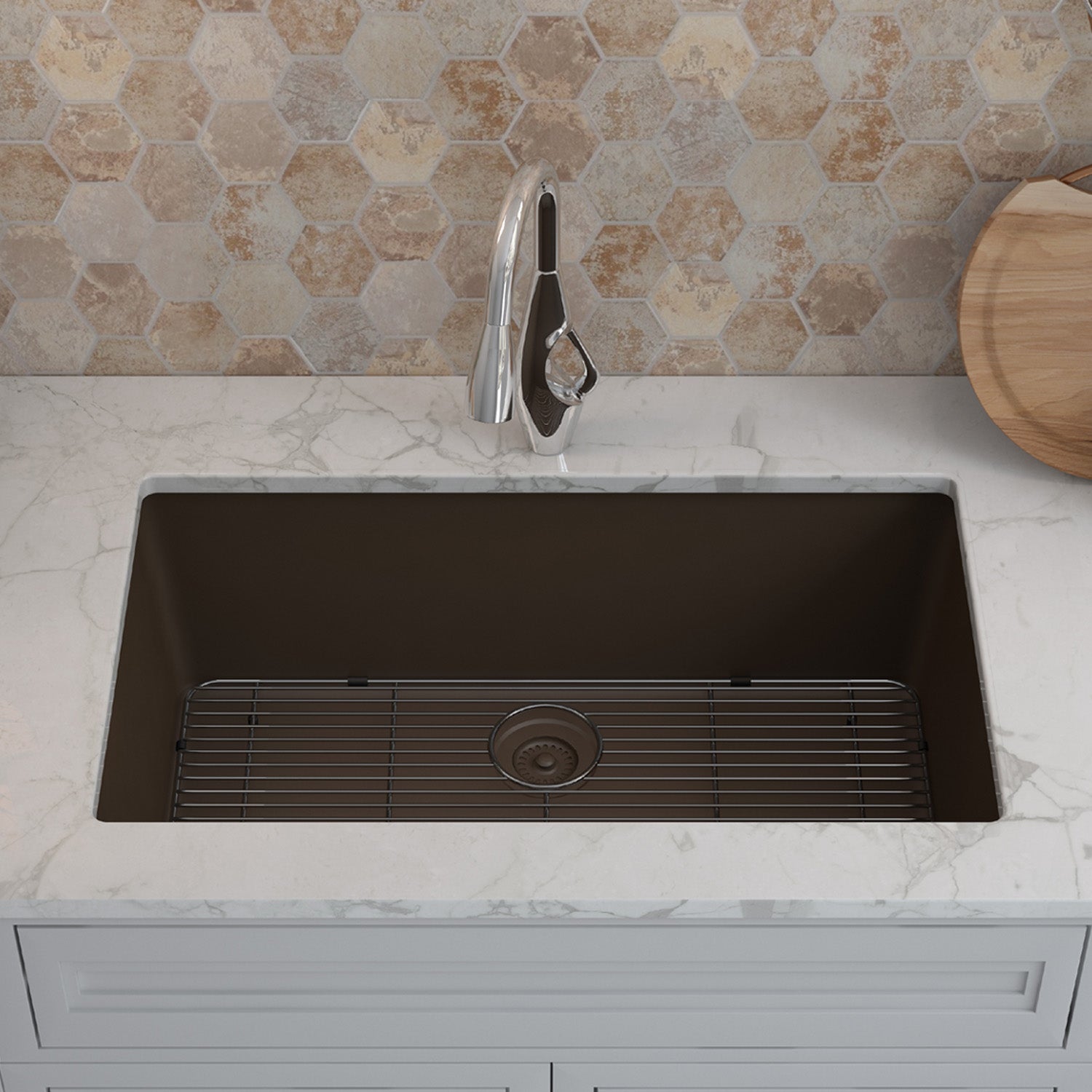 32-Inch Platinum Quartz Composite Drop-in Undermount Single Bowl Mocha Kitchen Sink includes Accessories LP-1000-M