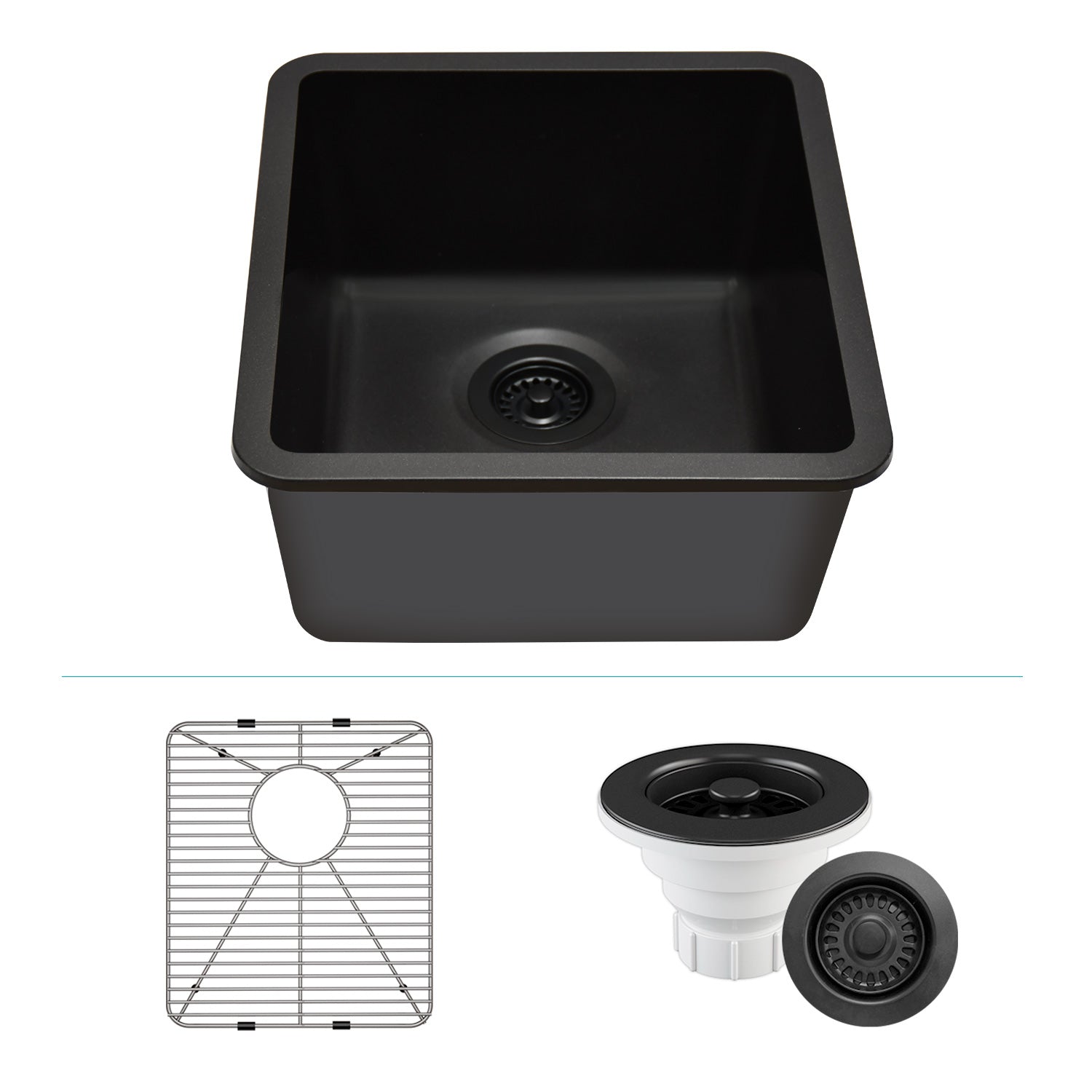 16-Inch Platinum Quartz Composite Drop-in Undermount Single Bowl Metallic Black Kitchen Sink includes Accessories LP-1618-K