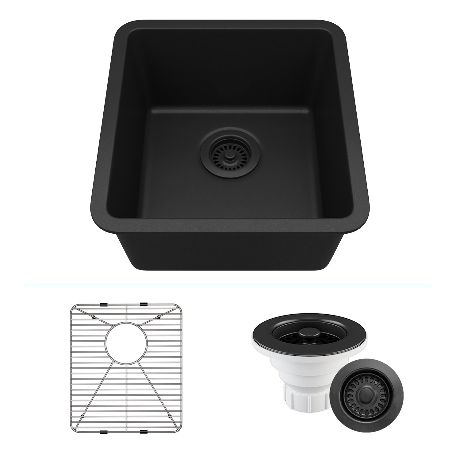 16-Inch Platinum Quartz Composite Drop-in Undermount Single Bowl Galaxy Black Kitchen Sink includes Accessories LP-1618-K