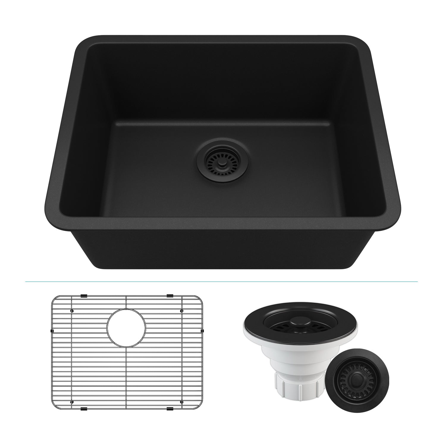 23-Inch Platinum Quartz Composite Drop-in Undermount Single Bowl Galaxy Black Kitchen Sink includes Accessories LP-2318-K