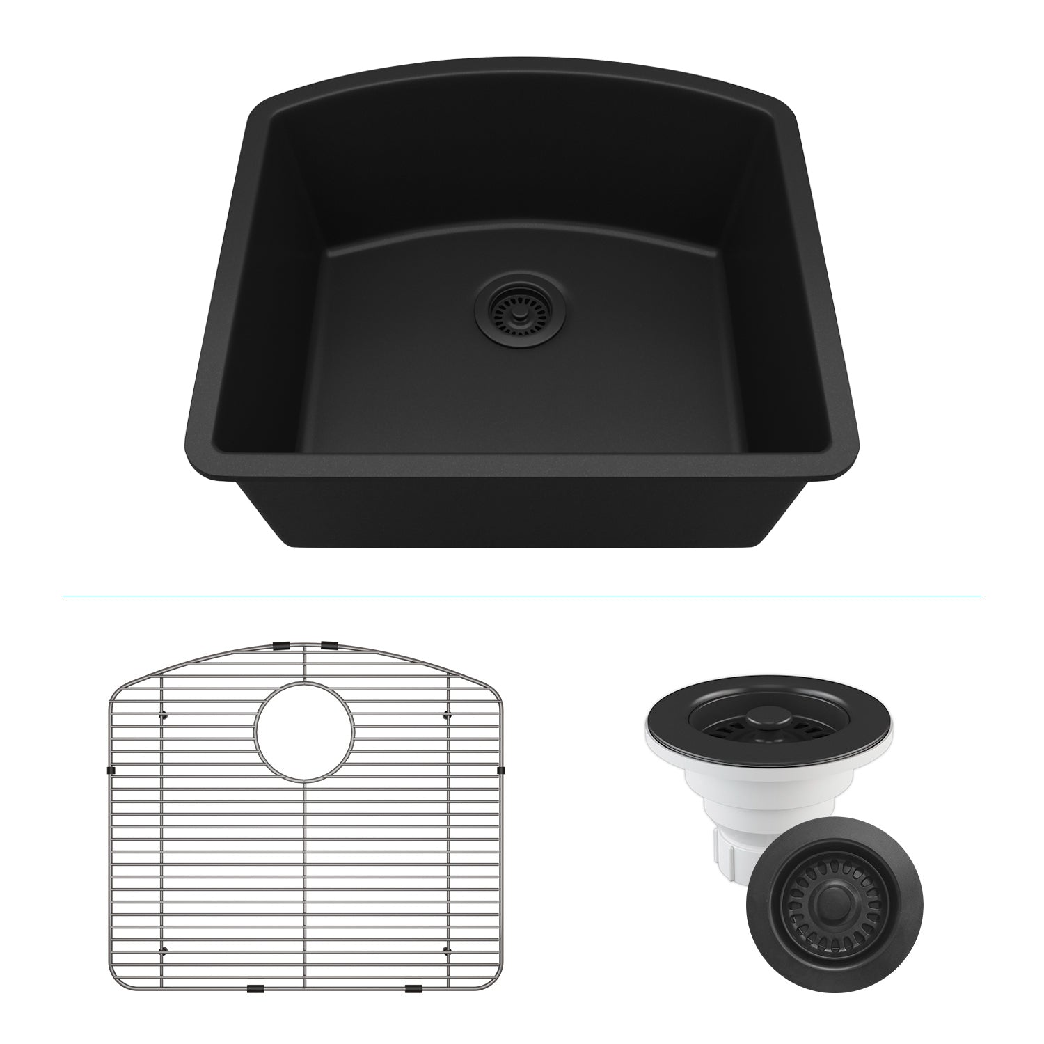 23-Inch Platinum Quartz Composite Drop-in Undermount Galaxy Black Kitchen Sink D-Shaped Single Bowl includes Accessories LP-2321D-K