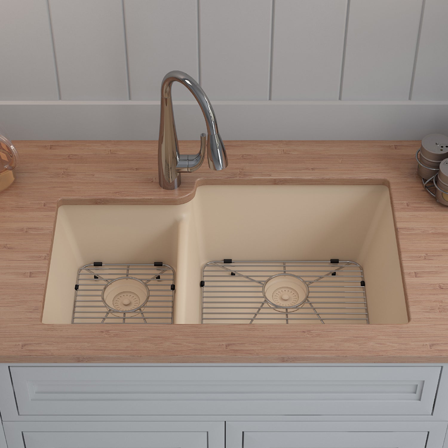 32-Inch Platinum Quartz Composite Drop-in Undermount 40/60 Double Bowl Beige Kitchen Sink includes Accessories LP-4060-B