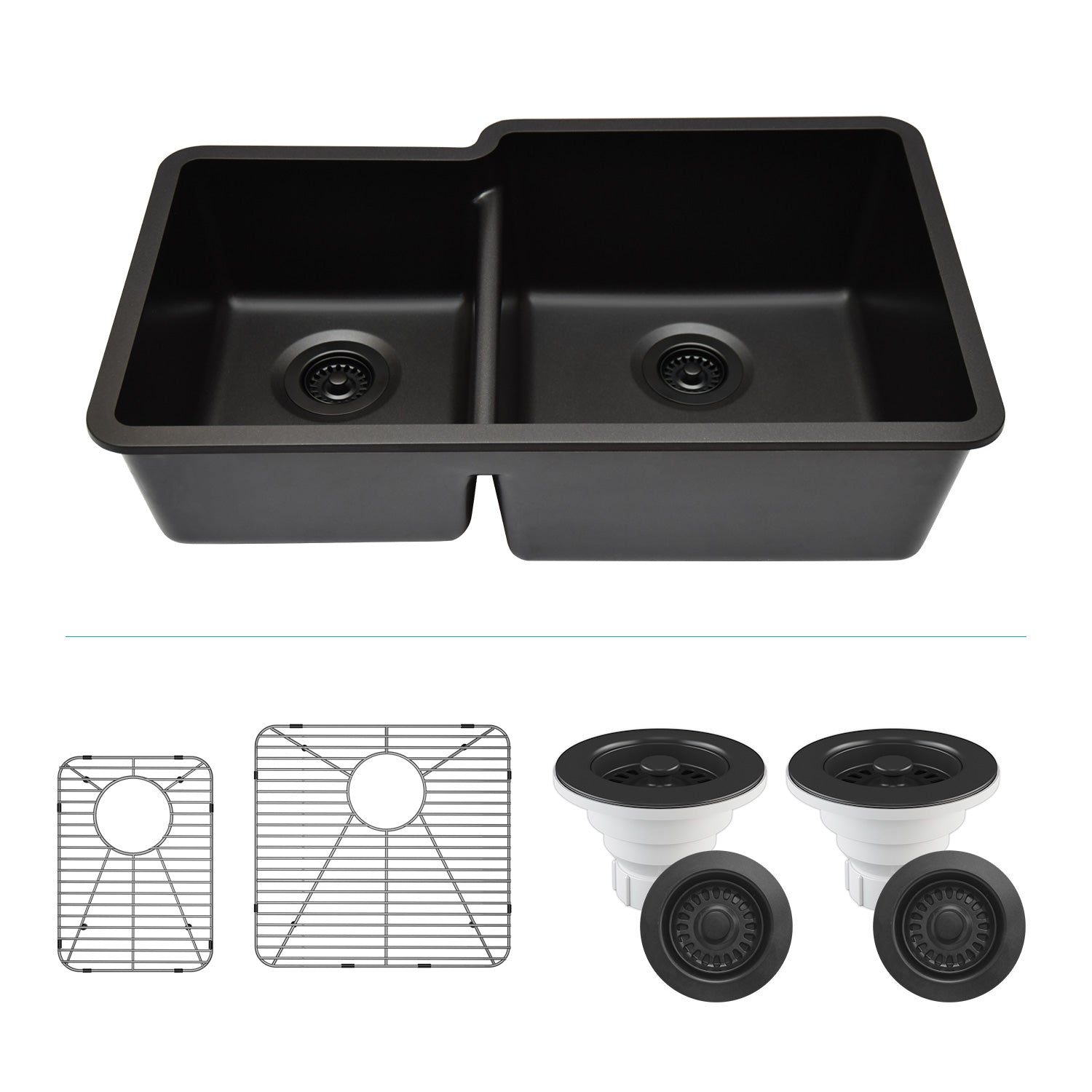 32-Inch Platinum Quartz Composite Drop-in Undermount 40/60 Double Bowl Metallic Black Kitchen Sink includes Accessories LP-4060-K