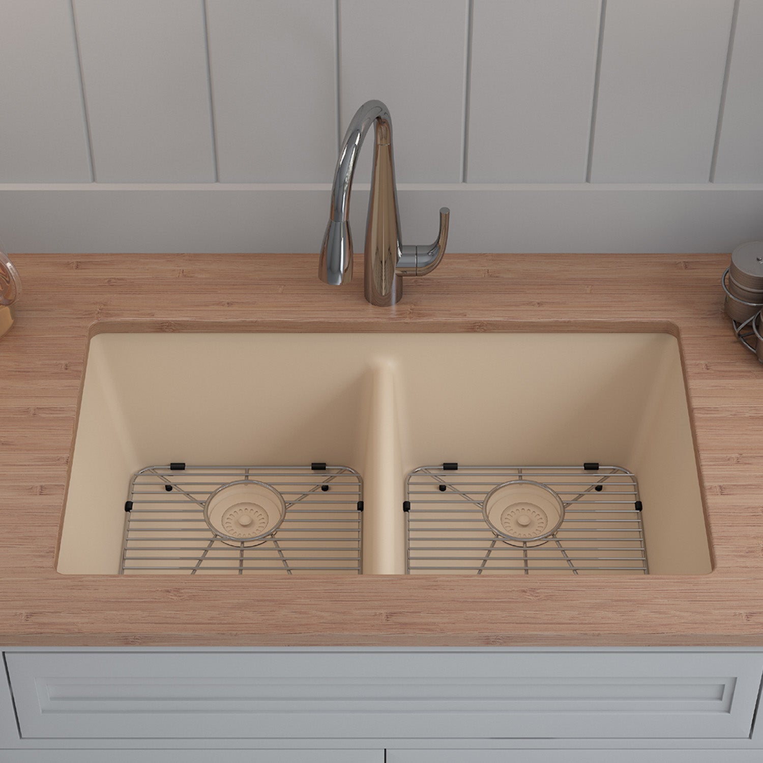 32-Inch Platinum Quartz Composite Drop-in Undermount 50/50 Double Bowl Beige Kitchen Sink includes Accessories LP-5050-B