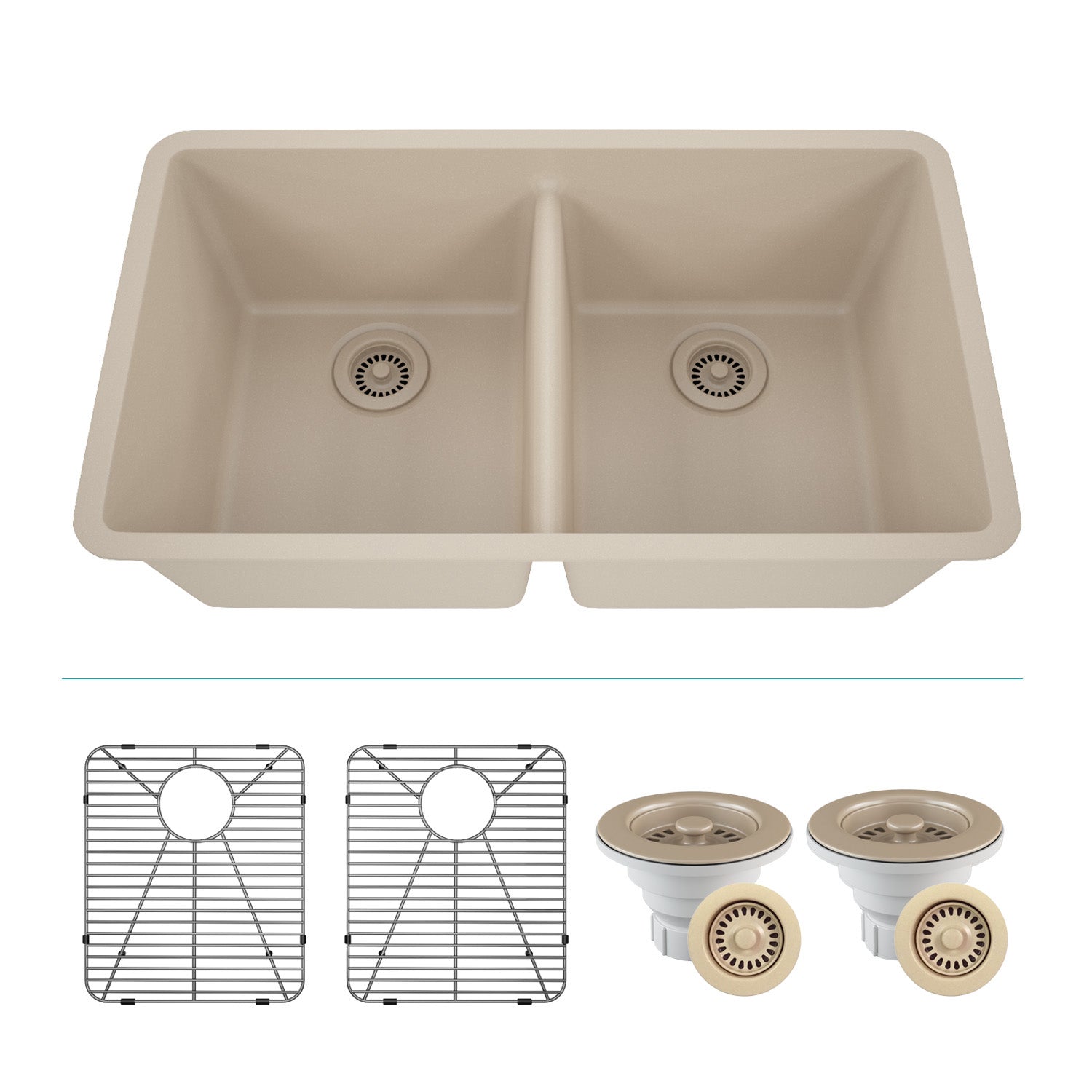 32-Inch Platinum Quartz Composite Drop-in Undermount 50/50 Double Bowl Beige Kitchen Sink includes Accessories LP-5050-B