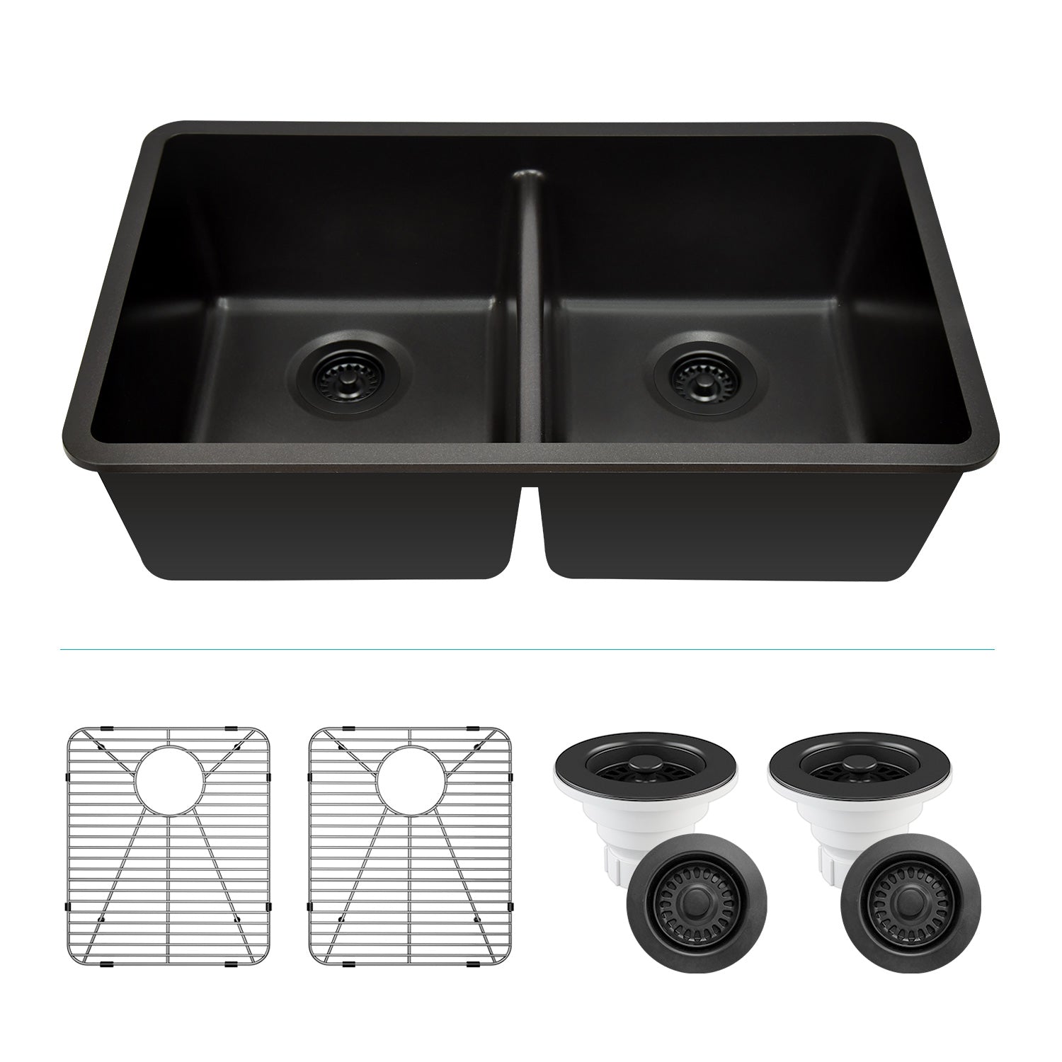 32-Inch Platinum Quartz Composite Drop-in Undermount 50/50 Double Bowl Metallic Black Kitchen Sink includes Accessories LP-5050-K