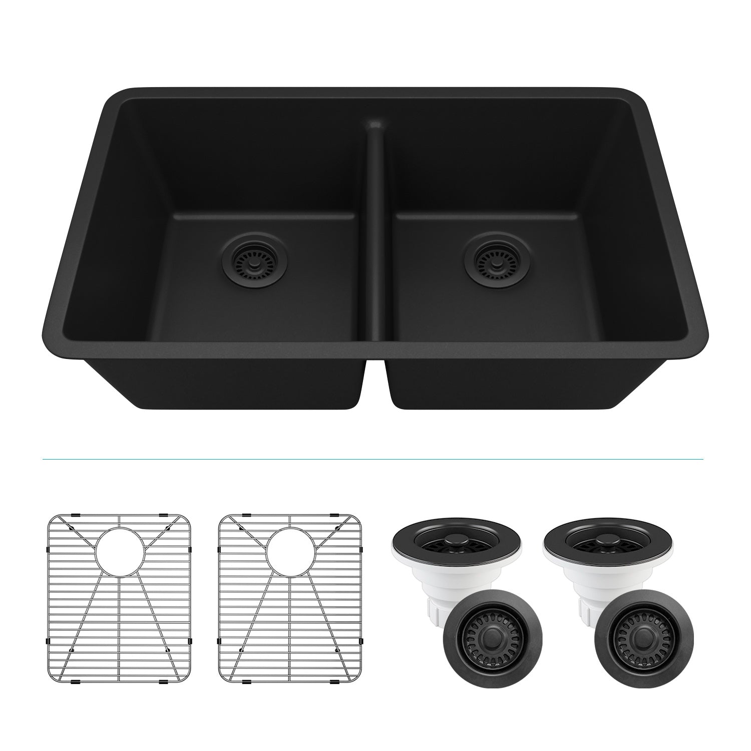 32-Inch Platinum Quartz Composite Drop-in Undermount 50/50 Double Bowl Galaxy Black Kitchen Sink includes Accessories LP-5050-K