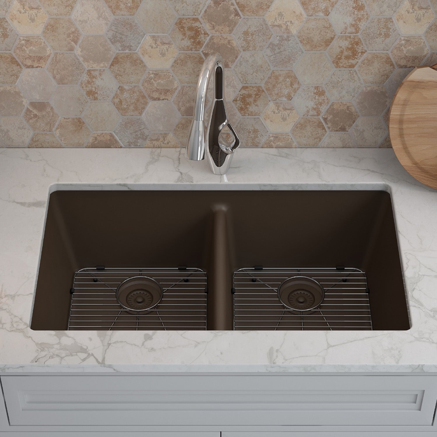 32-Inch Platinum Quartz Composite Drop-in Undermount 50/50 Double Bowl Mocha Kitchen Sink includes Accessories LP-5050-M