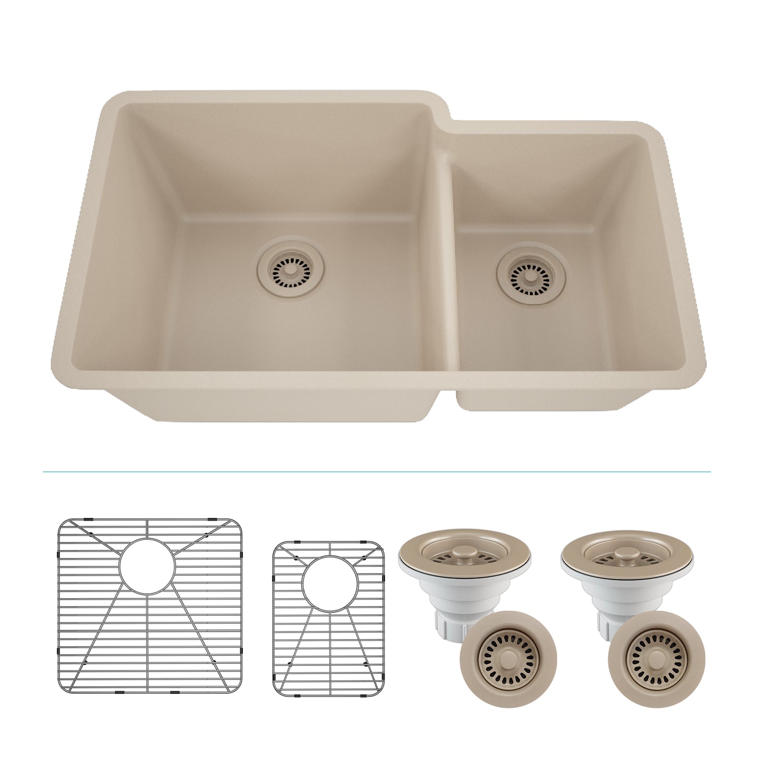 32-Inch Platinum Quartz Composite Drop-in Undermount 60/40 Double Bowl Beige Kitchen Sink includes Accessories LP-6040-B