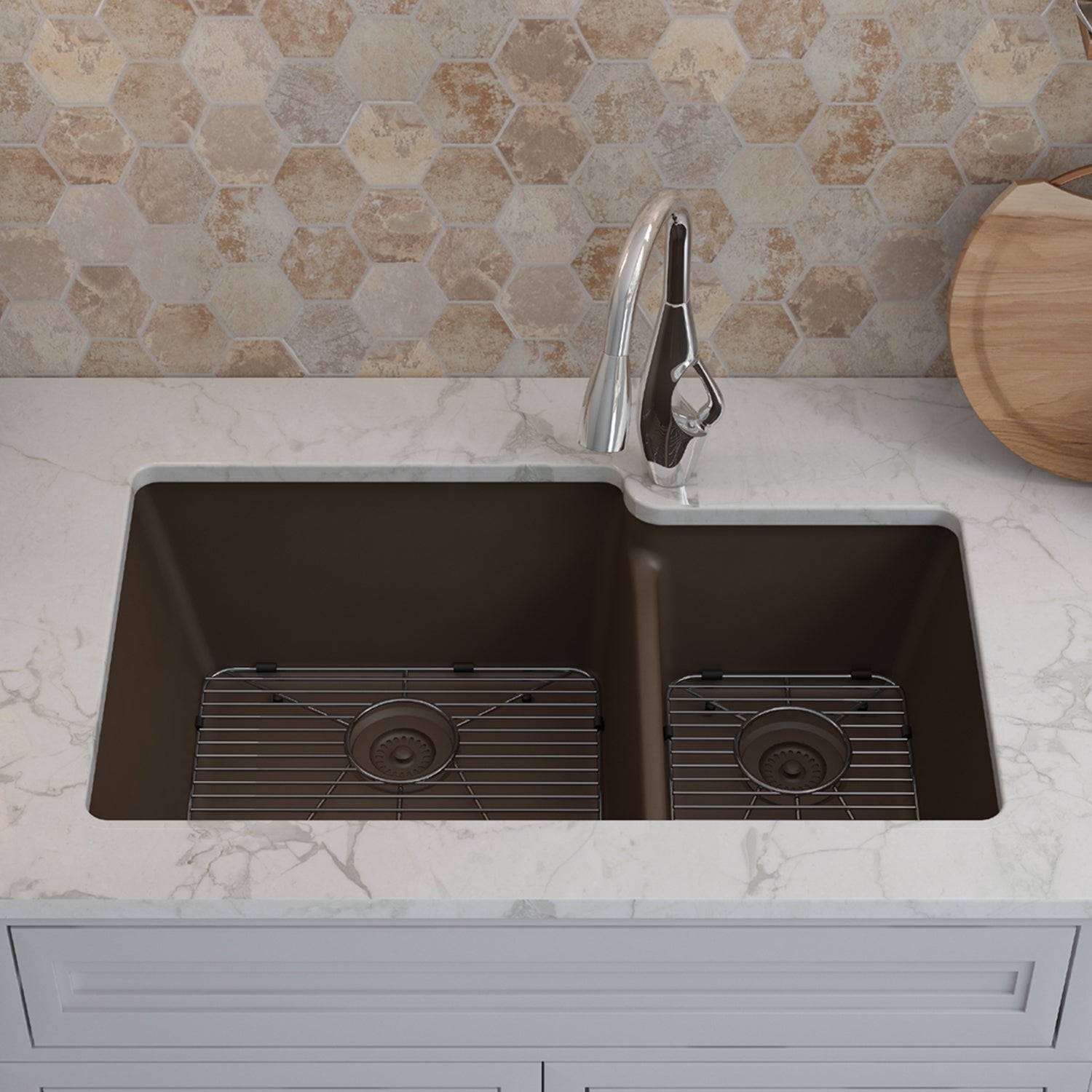 32-Inch Platinum Quartz Composite Drop-in Undermount 60/40 Double Bowl Mocha Kitchen Sink includes Accessories LP-6040-M