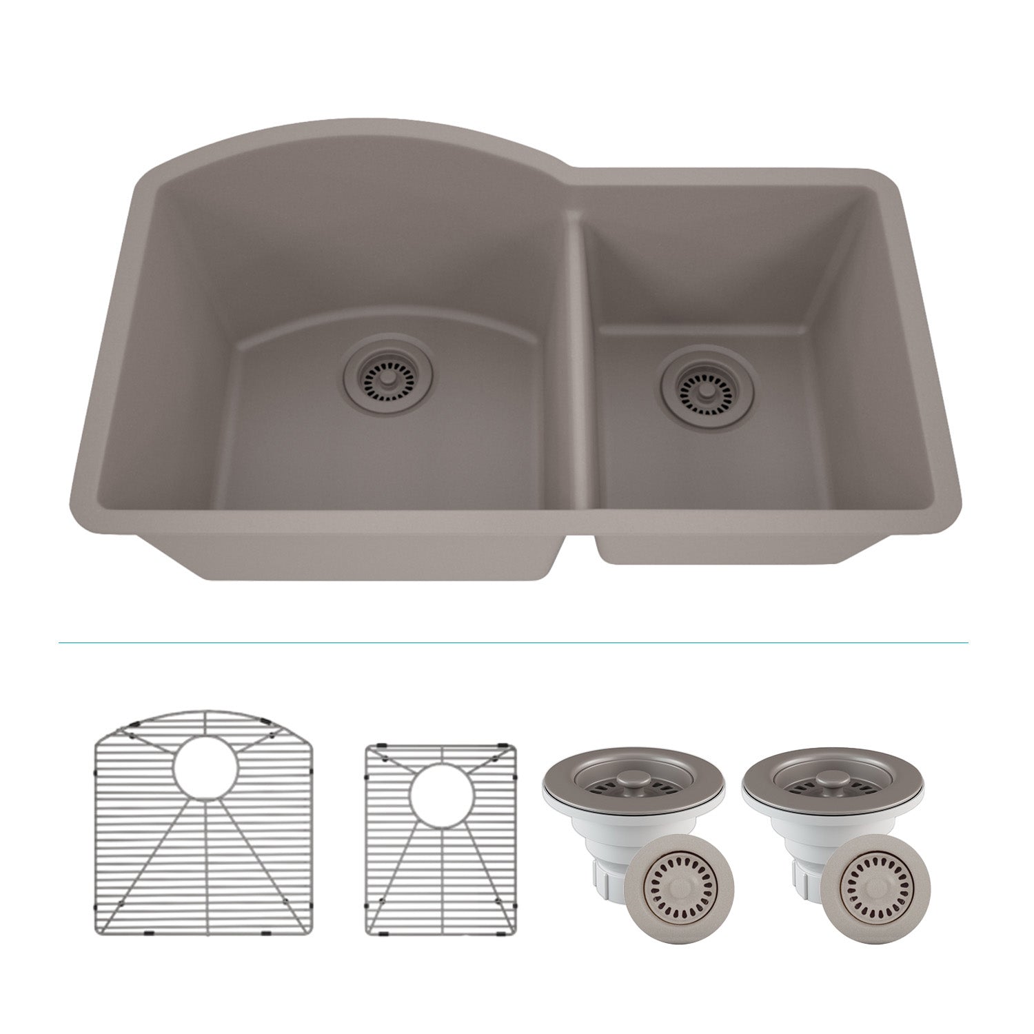 32-Inch Platinum Quartz Composite Drop-in Undermount 70/30 Double Bowl Concrete Kitchen Sink includes Accessories LP-7030-C