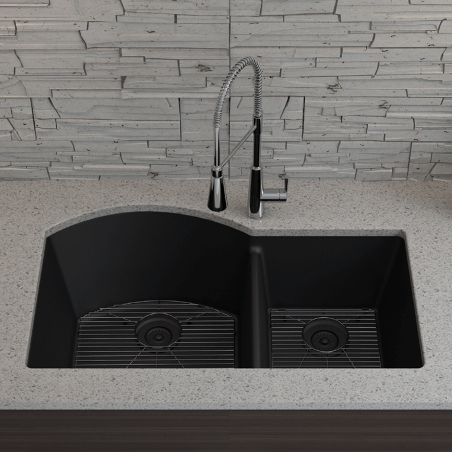 32-Inch Platinum Quartz Composite Drop-in Undermount 70/30 Double Bowl Black Kitchen Sink includes Accessories LP-7030-K