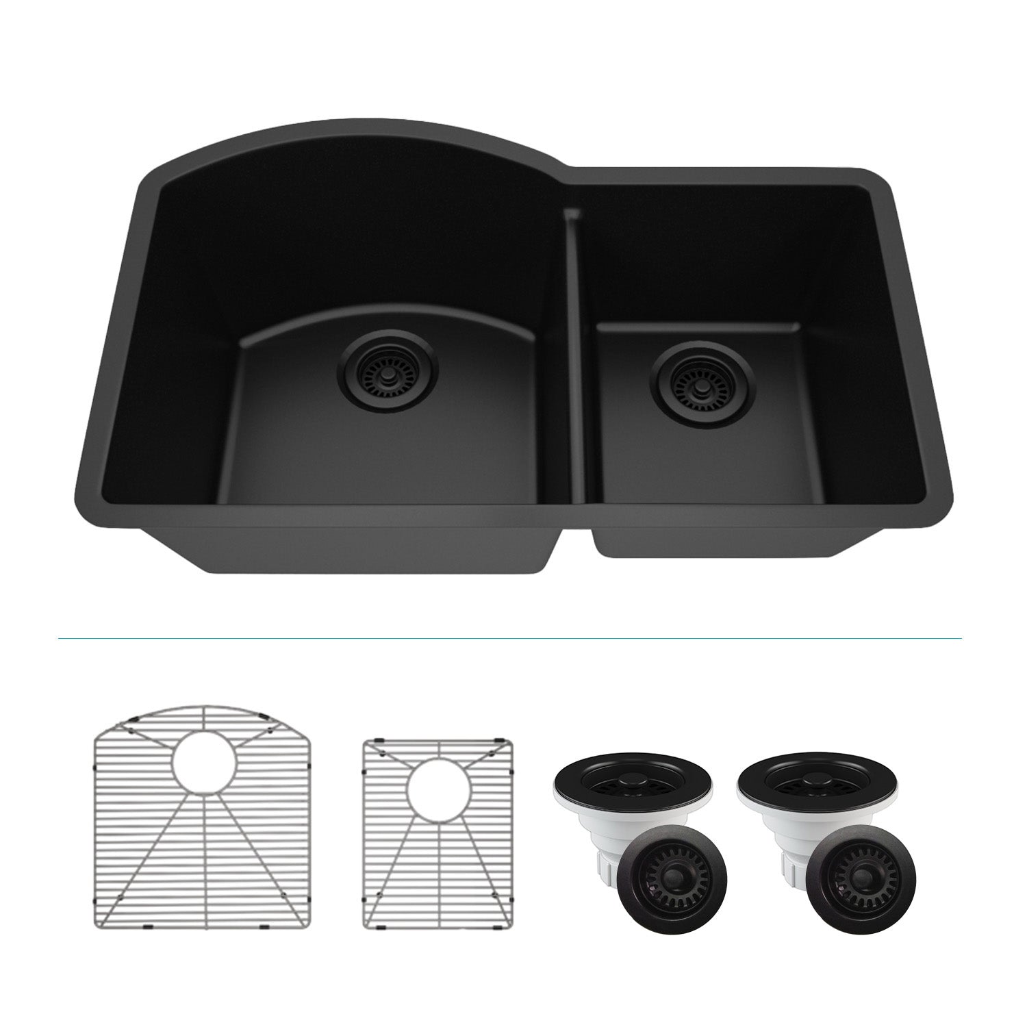 32-Inch Platinum Quartz Composite Drop-in Undermount 70/30 Double Bowl Black Kitchen Sink includes Accessories LP-7030-K