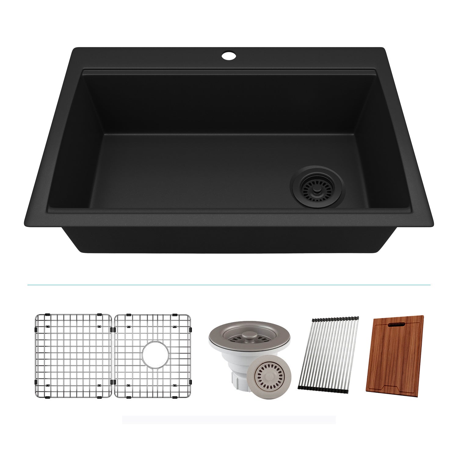 33-Inch Platinum Quartz Composite Drop-in Undermount Single Bowl Workstation Galaxy Black Kitchen Sink includes Accessories LP-750TM-K