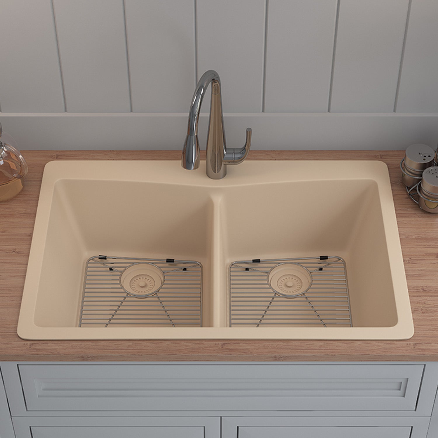 33-Inch Platinum Quartz Composite Drop-in Undermount 50/50 Double Bowl Beige Kitchen Sink with Rear Drain Style includes Accessories Steel Grids, Drain Strainer, and Flange LP-800TM-B