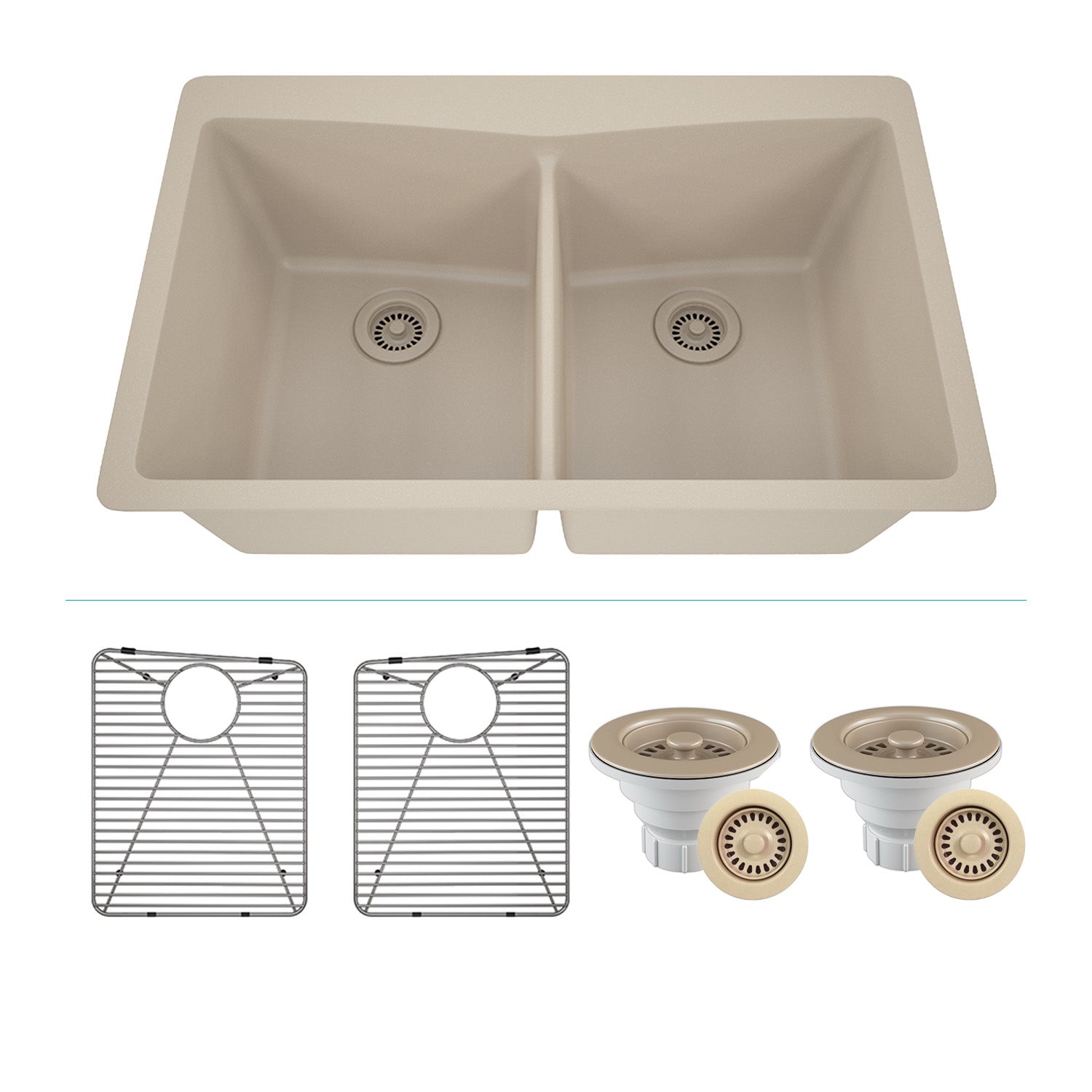 33-Inch Platinum Quartz Composite Drop-in Undermount 50/50 Double Bowl Beige Kitchen Sink with Rear Drain Style includes Accessories Steel Grids, Drain Strainer, and Flange LP-800TM-B