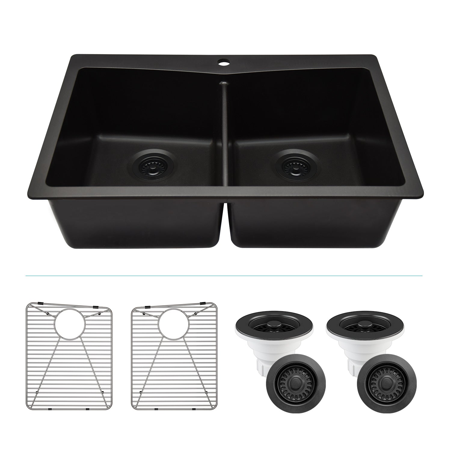 33-Inch Platinum Quartz Composite Drop-in Undermount 50/50 Double Bowl Metallic Black Kitchen Sink with Rear Drain Style includes Accessories Steel Grids,  Drain Strainer, and Flange LP-800TM-K