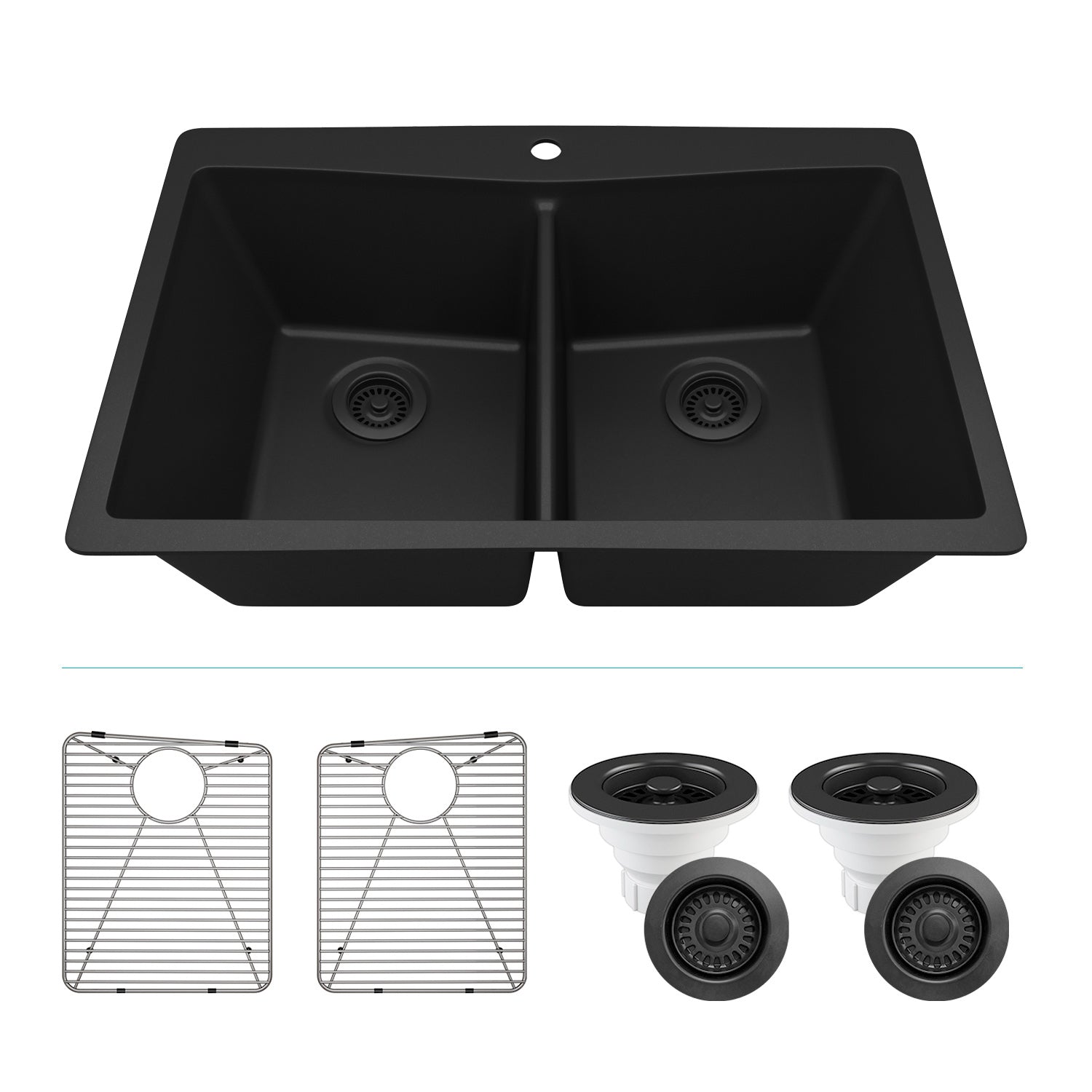 33-Inch Platinum Quartz Composite Drop-in Undermount 50/50 Double Bowl Galaxy Black Kitchen Sink with Rear Drain Style includes Accessories Steel Grids,  Drain Strainer, and Flange LP-800TM-K