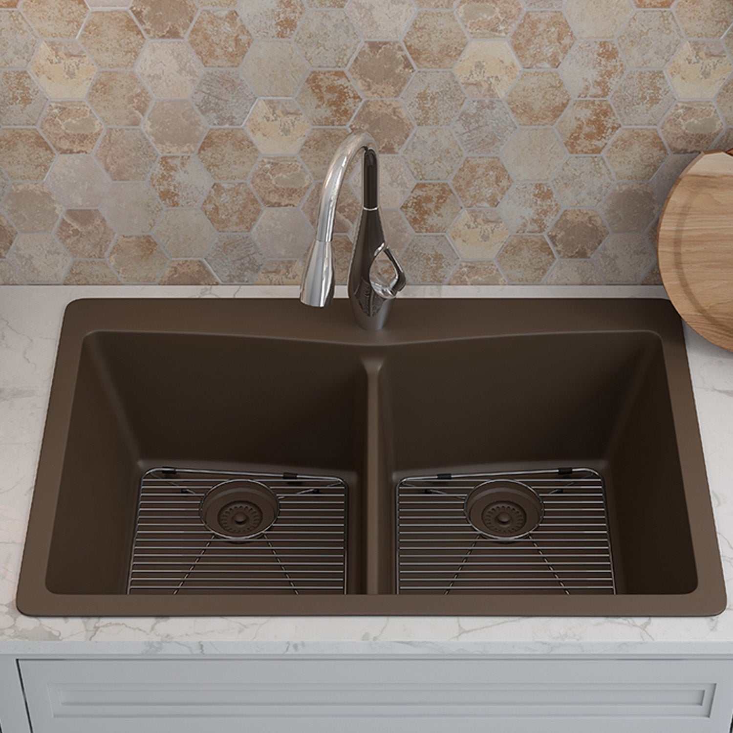 33-Inch Platinum Quartz Composite Drop-in Undermount 50/50 Double Bowl Mocha Kitchen Sink with Rear Drain Style includes Accessories Steel Grids,  Drain Strainer, and Flange LP-800TM-M