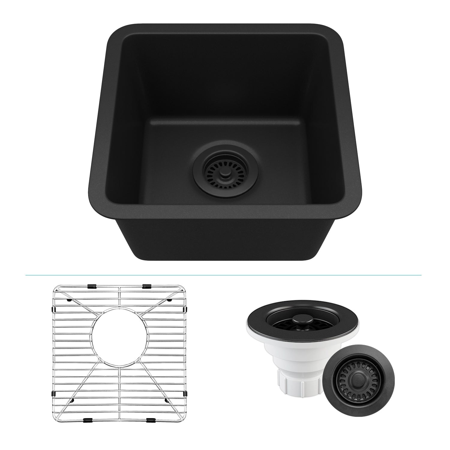 15-Inch Platinum Quartz Composite Drop-in Undermount Single Bowl Galaxy Black Kitchen/Bar Sink includes Accessories LP-1515-K