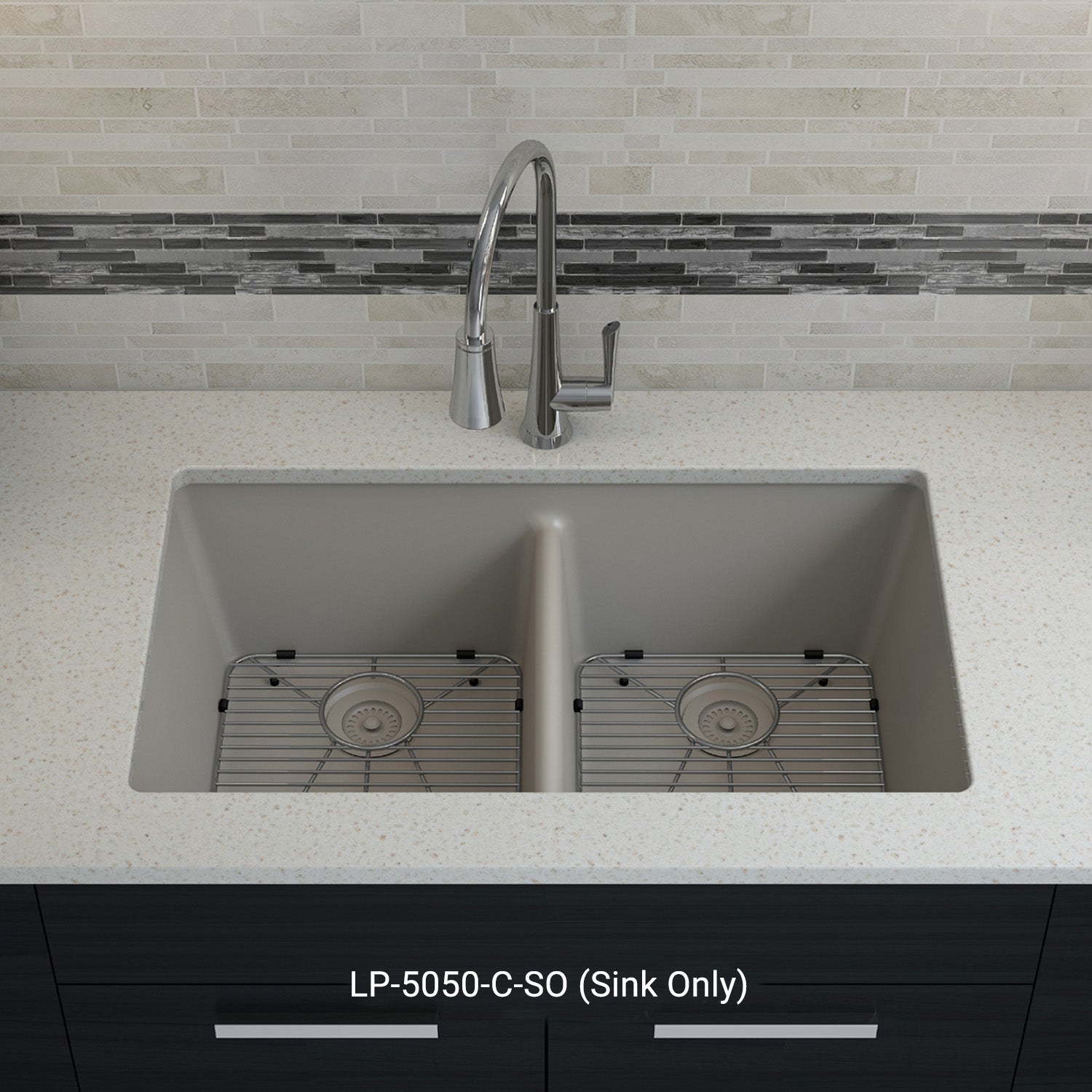 32-Inch Lexicon Platinum Quartz Composite Drop-in Undermount 50/50 Equal Double Bowl Concrete Kitchen Sink LP-5050-C-SO