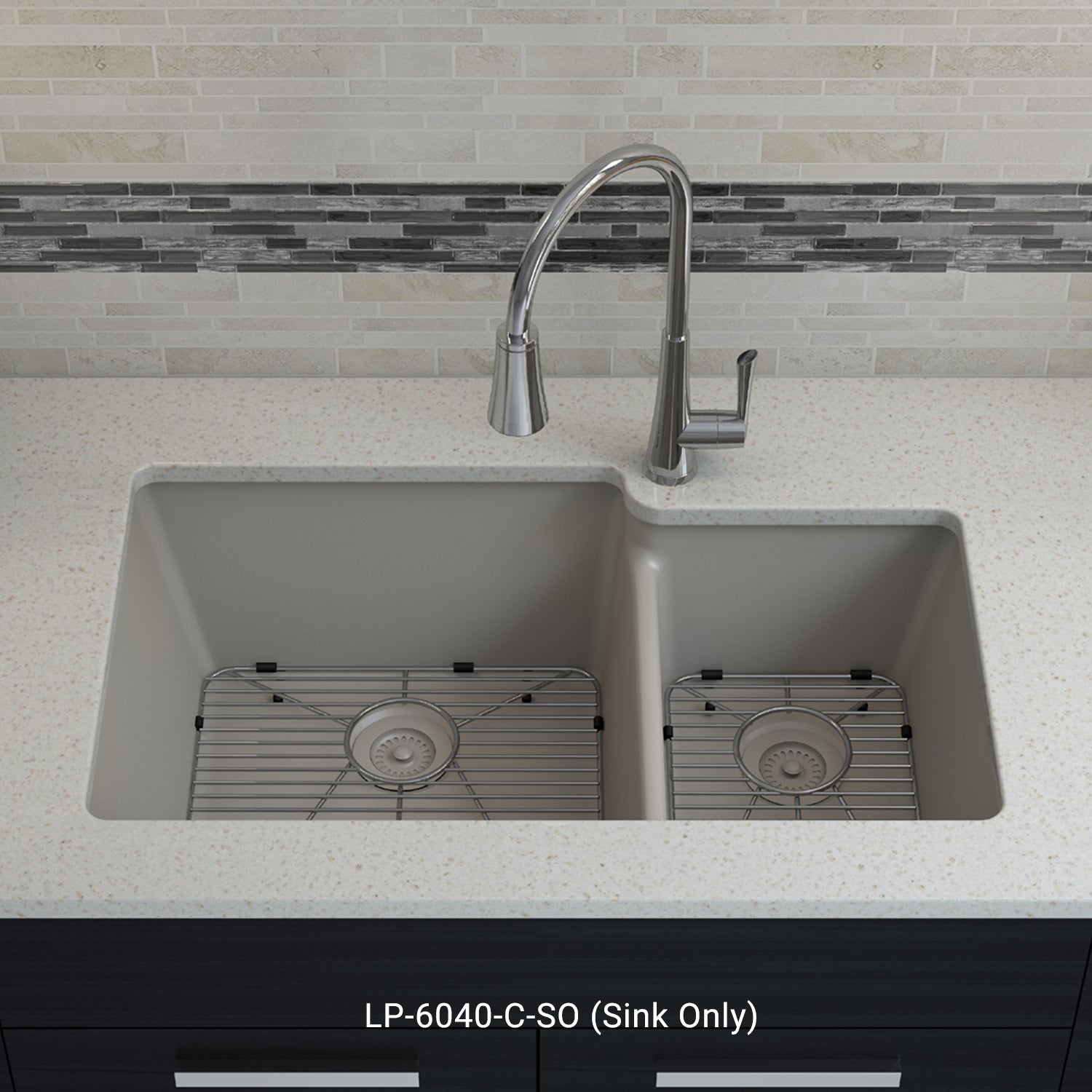 32-Inch Lexicon Platinum Quartz Composite Drop-in Undermount 60/40 Double Bowl Concrete Kitchen Sink LP-6040-C-SO