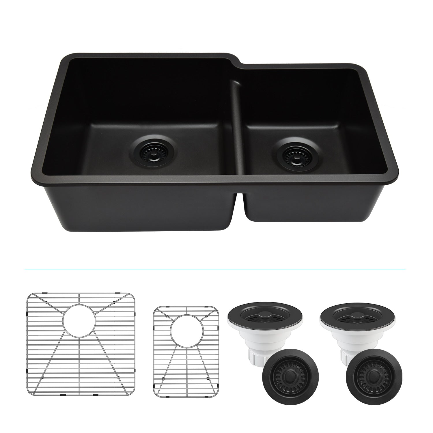 32-Inch Platinum Quartz Composite Drop-in Undermount 60/40 Double Bowl Metallic Black Kitchen Sink includes Accessories LP-6040-K