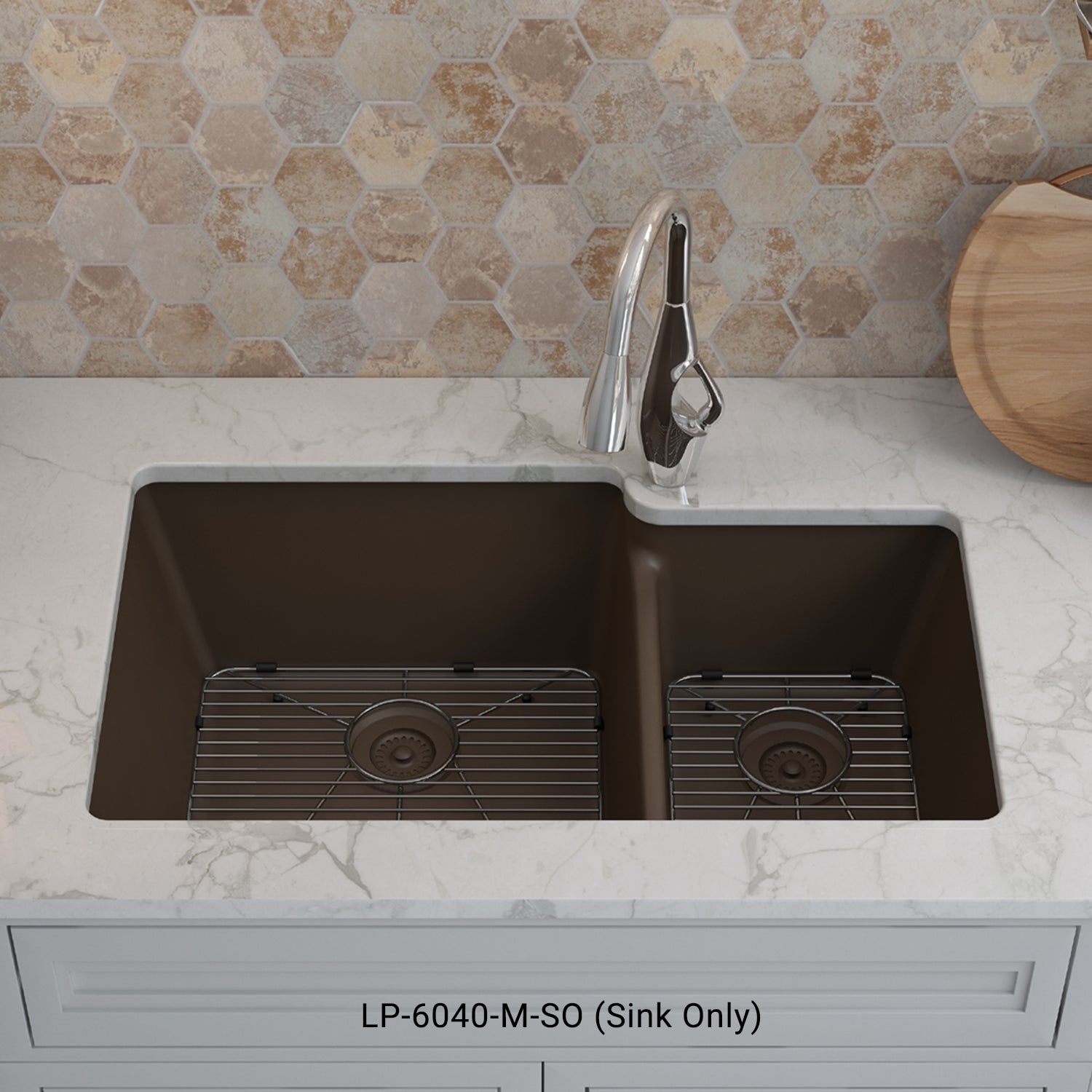 32-Inch Lexicon Platinum Quartz Composite Drop-in Undermount 60/40 Double Bowl Mocha Kitchen Sink LP-6040-M-SO