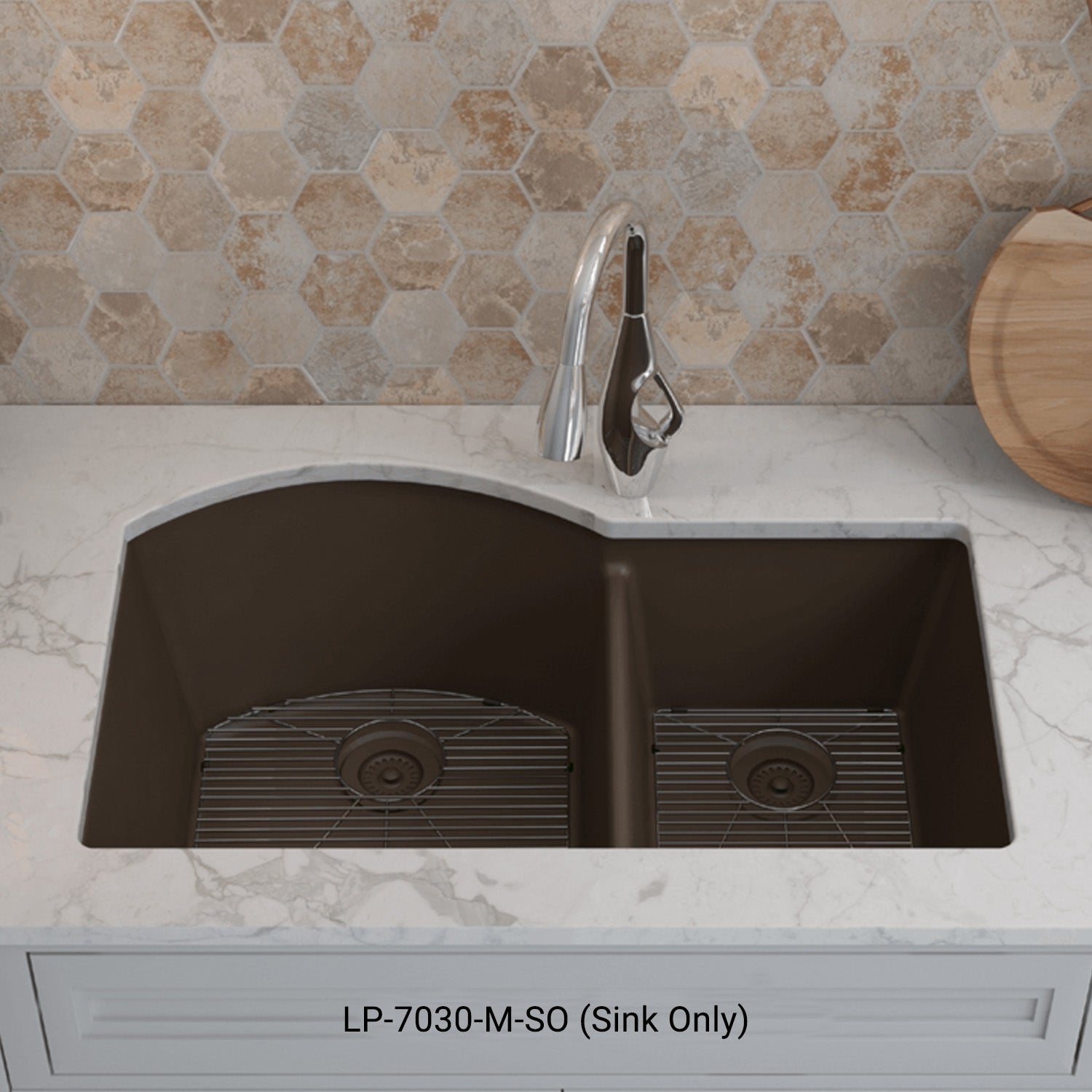 32-Inch Lexicon Platinum Quartz Composite Drop-in Undermount 70/30 Double Bowl Mocha Kitchen Sink LP-7030-M-SO