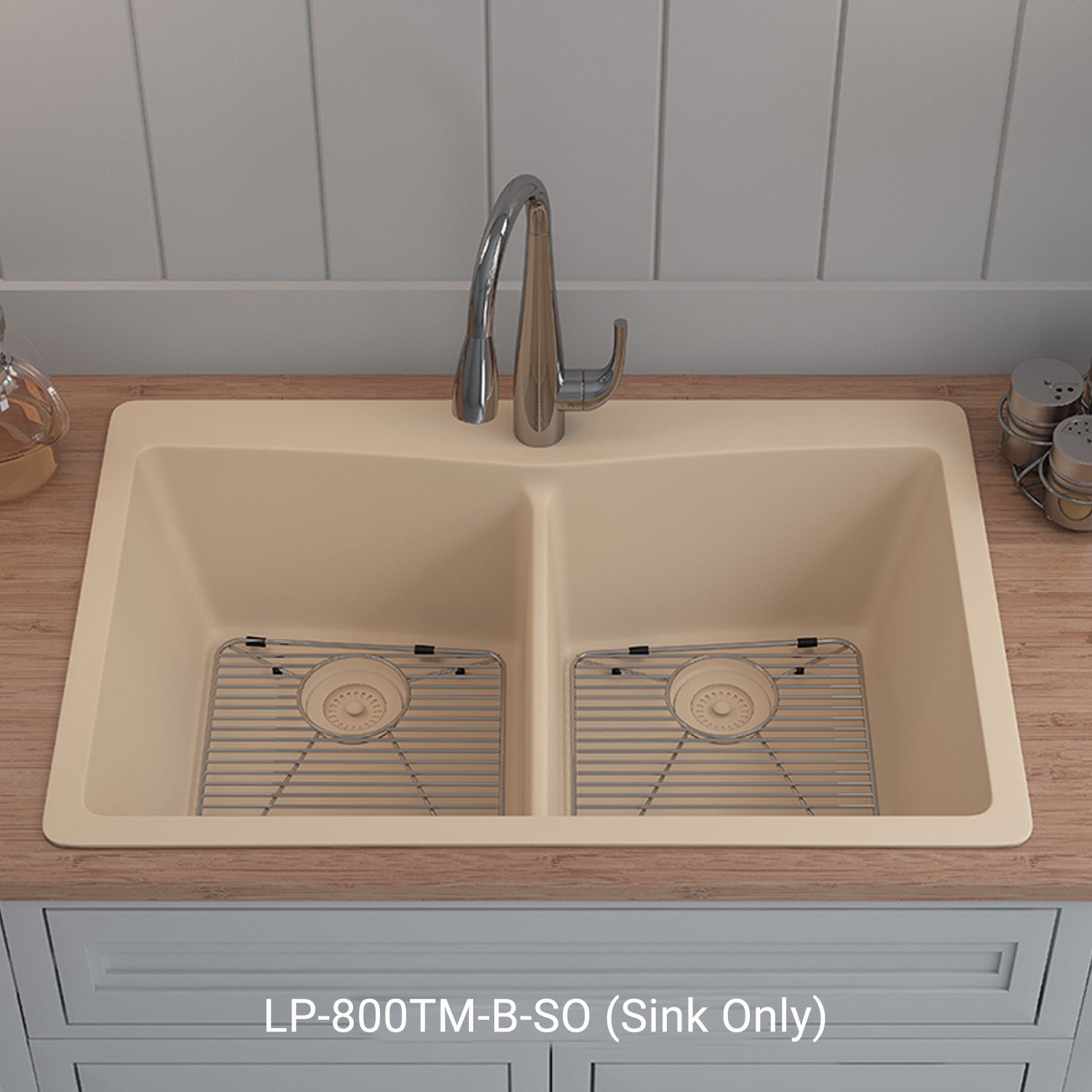 33-Inch Lexicon Platinum Quartz Composite Drop-in Undermount 50/50 Double Bowl Beige Kitchen Sink LP-800TM-B-SO