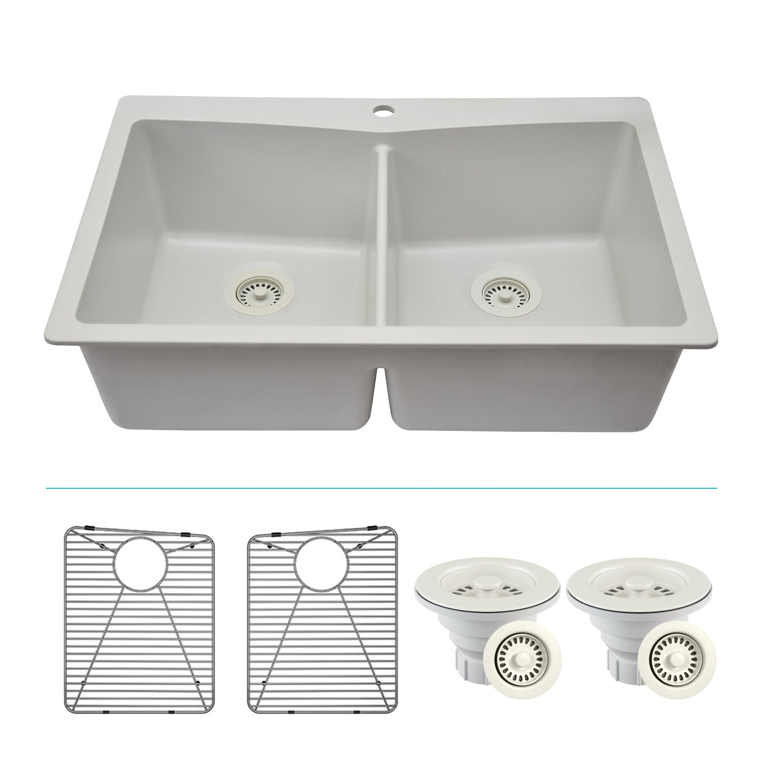 33-Inch Platinum Quartz Composite Drop-in Undermount 50/50 Double Bowl White Kitchen Sink with Rear Drain Style includes Accessories Steel Grids, Drain Strainer, and Flange LP-800TM-W