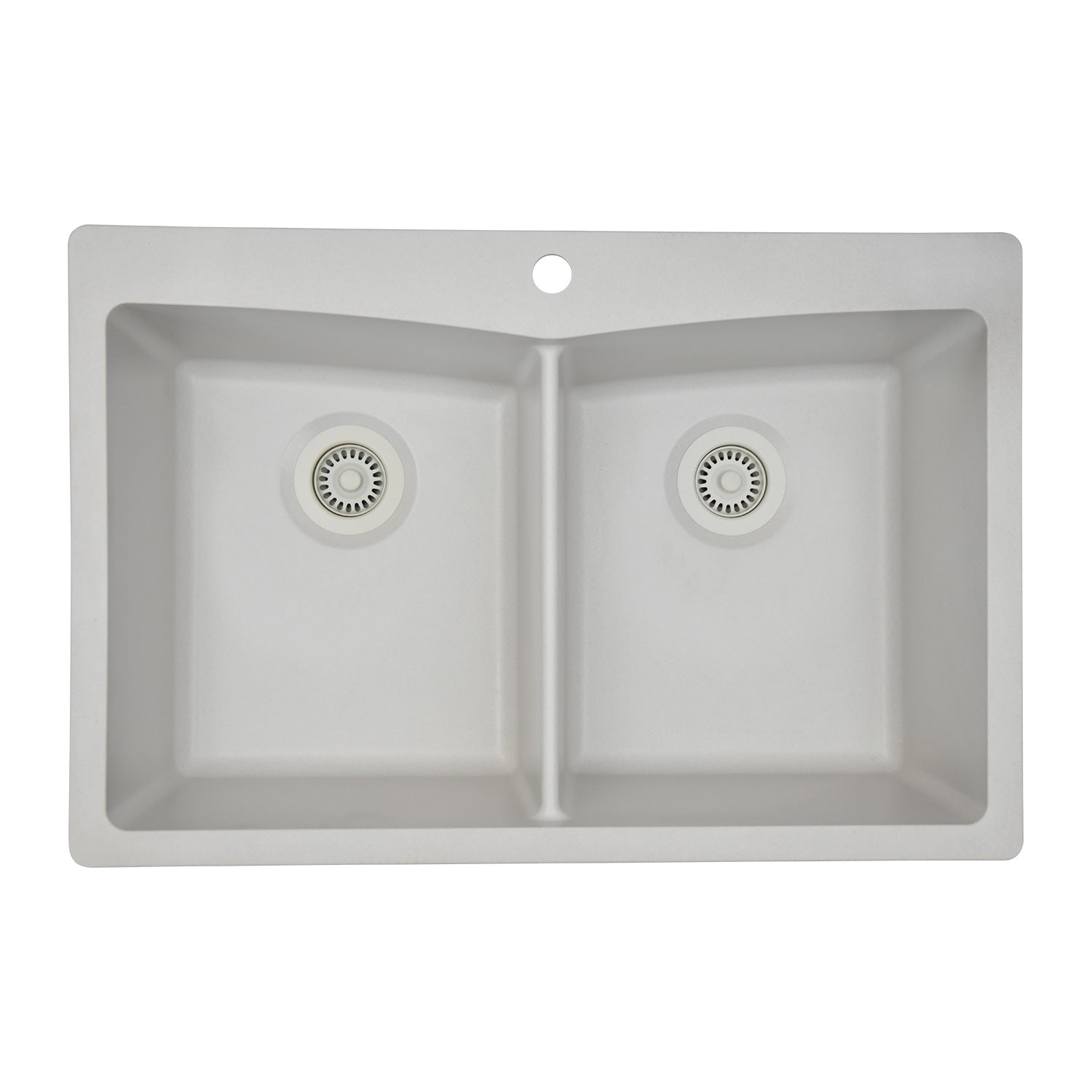 33-Inch Platinum Quartz Composite Drop-in Undermount 50/50 Double Bowl White Kitchen Sink with Rear Drain Style includes Accessories Steel Grids, Drain Strainer, and Flange LP-800TM-W